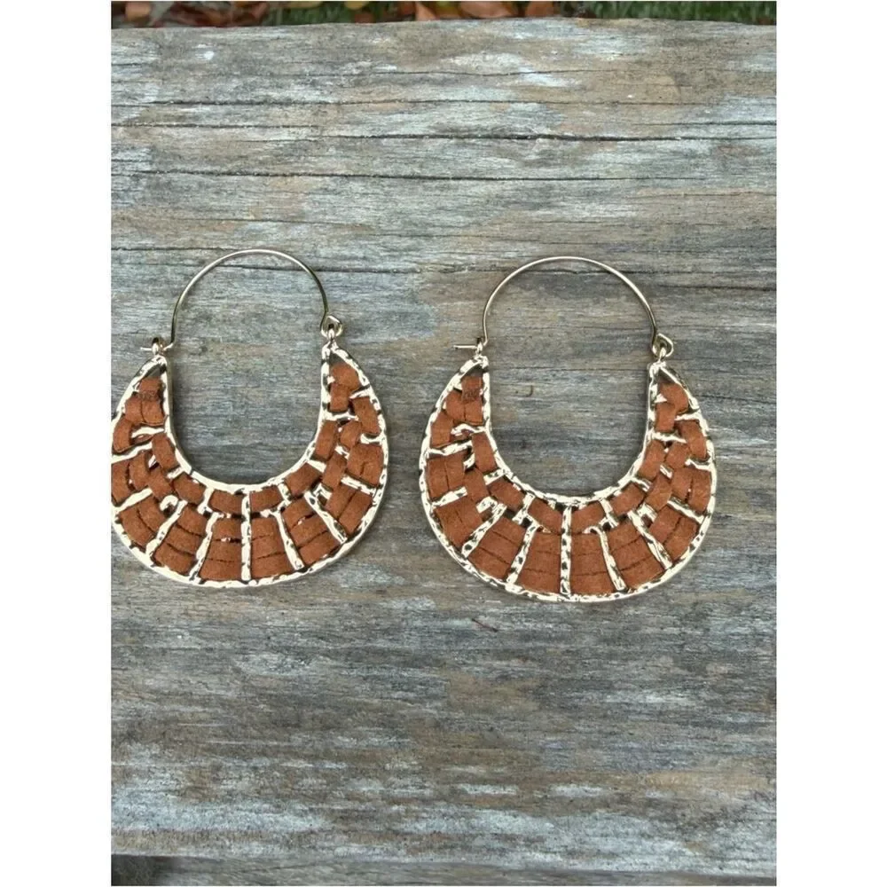 Chico's Leather Half-Moon Hoop Earrings New NWT Boho Western